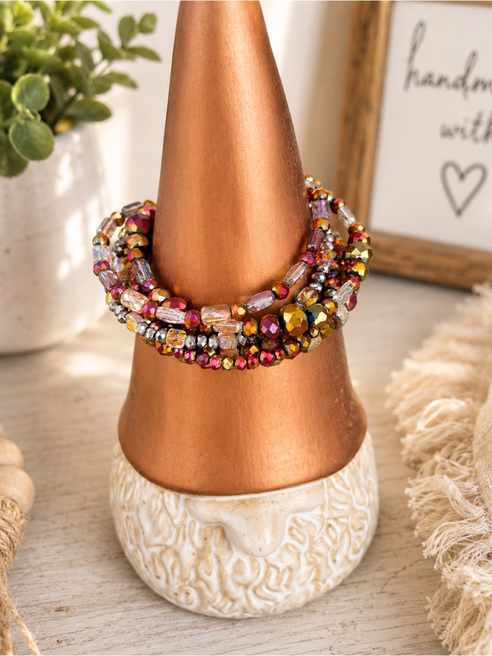 Multicolor Multistrand Beaded Bracelet Set - Pink & Gold Tones